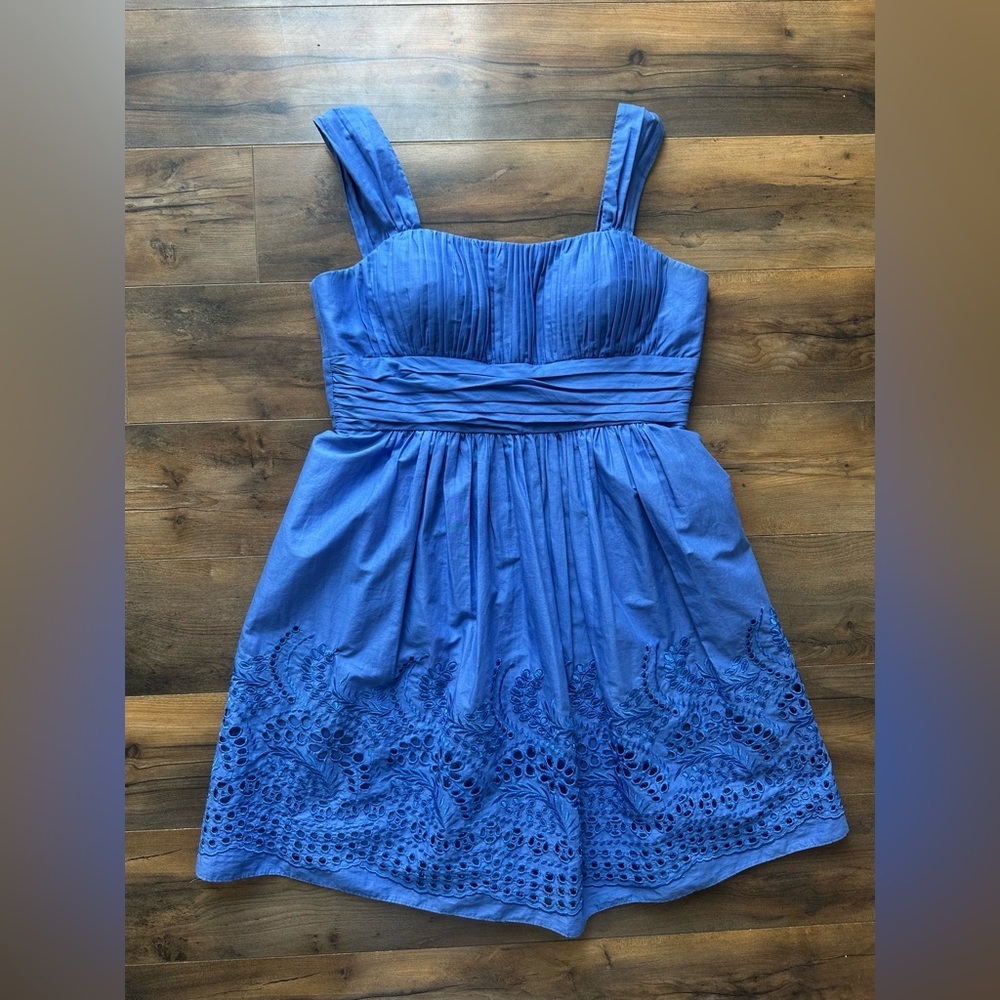 S.L. Fashions Blue Eyelet Dress 12 Fit Flare Cotton Summer Wedding